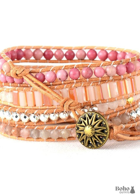 Boho Bracelet, 5 Layers Leather Wrap Bracelet, Pink Pastel, Rhodonite